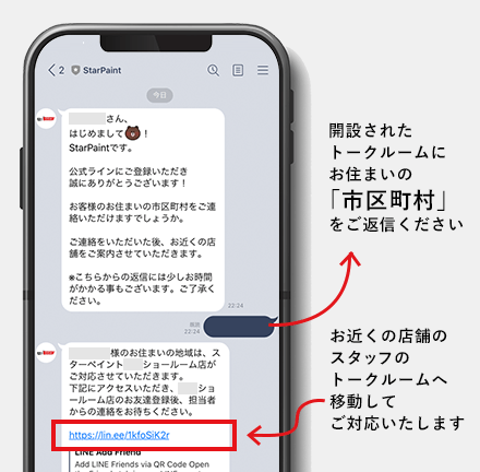 開設されたトークルームにお住まいの「市区町村」をご返信ください。お近くの店舗のスタッフのトークルームへ移動してご対応いたします。